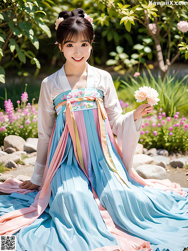 A woman in a blue and pink dress holding a flower.