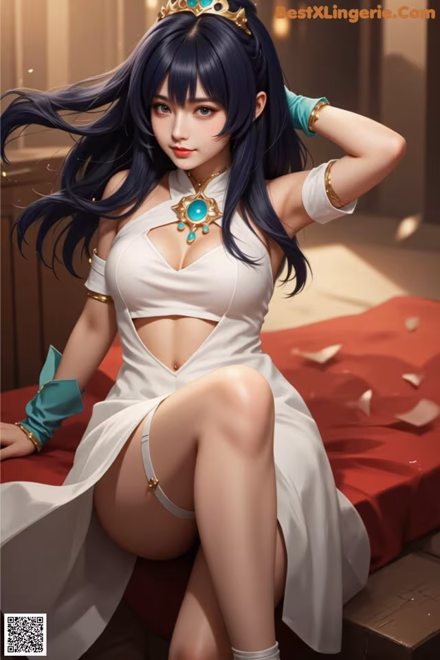 A woman in a white dress sitting on a bed.