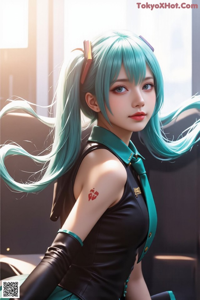 A woman with long green hair sitting on a couch.