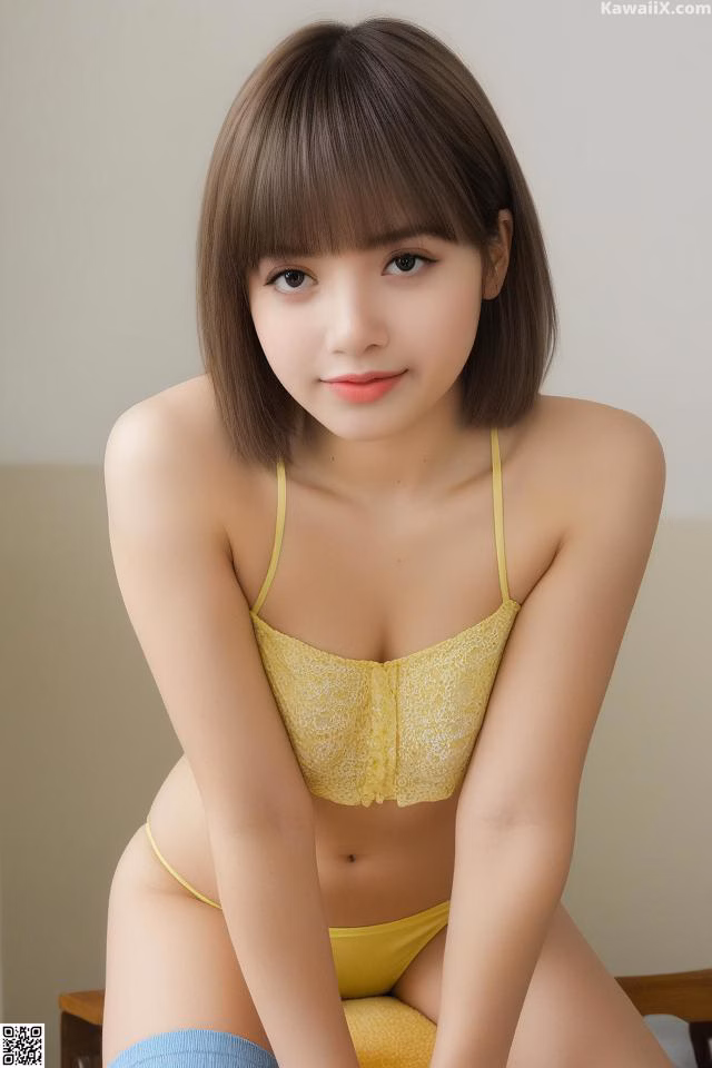 A woman in a yellow bra and blue stockings sitting on a chair.