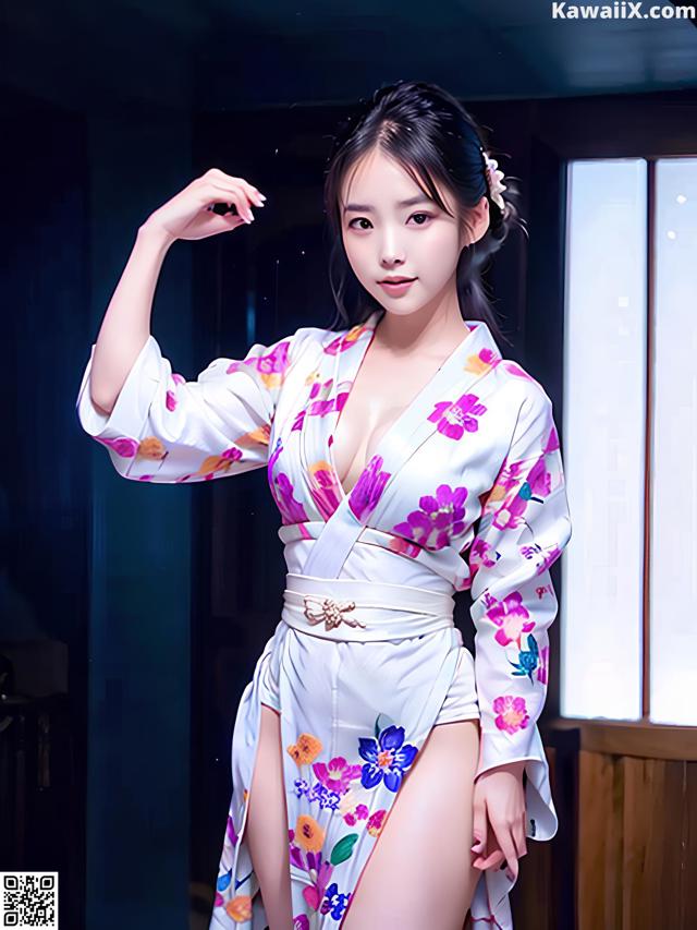 A woman in a white kimono posing for a picture.