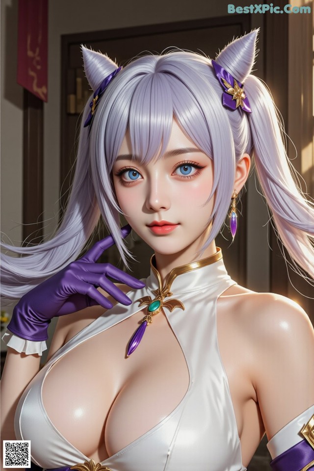 A woman with long purple hair wearing a white dress and purple gloves.